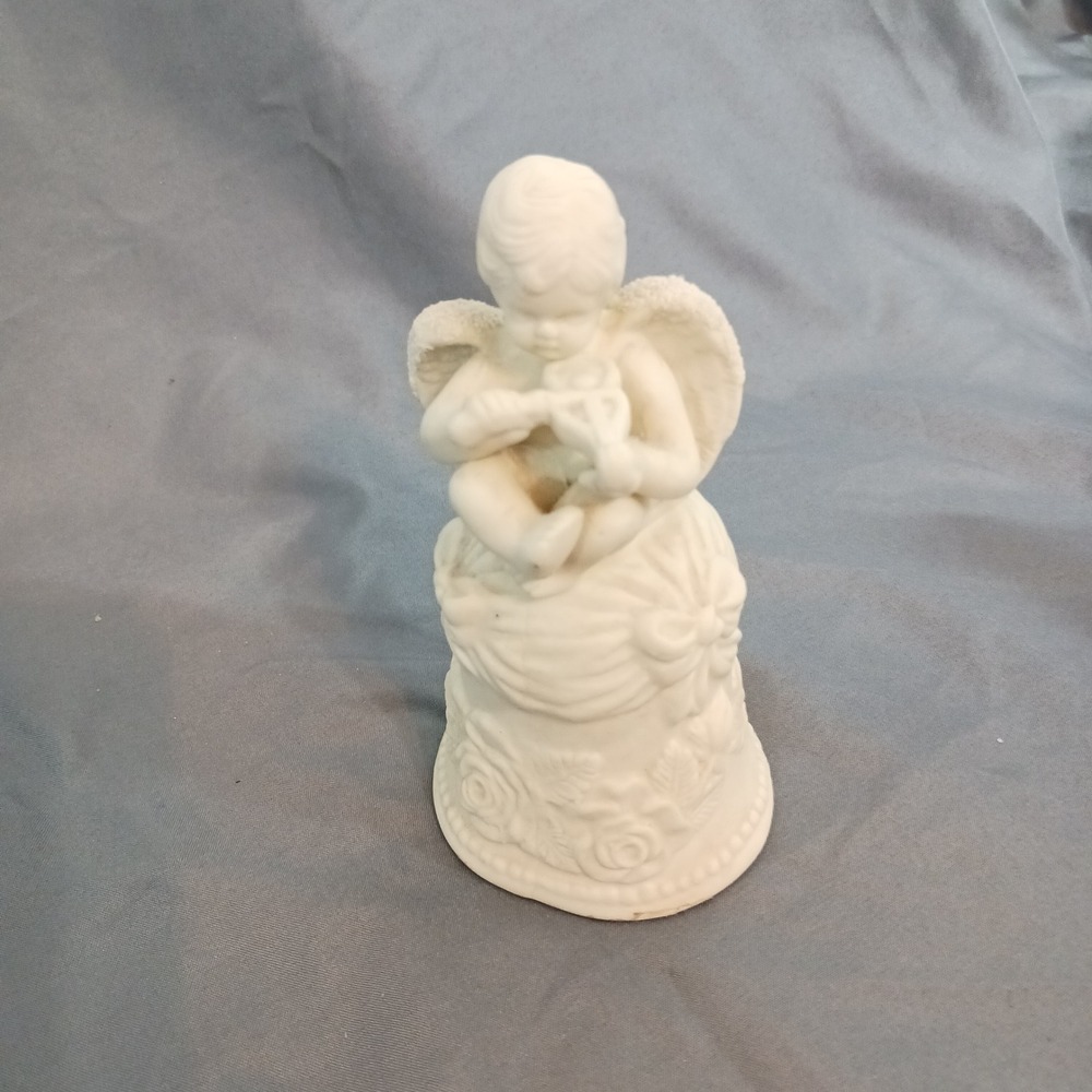 Vintage Angel Bell Home Decor Small White Good Bisque Porcelain Cherub Rose